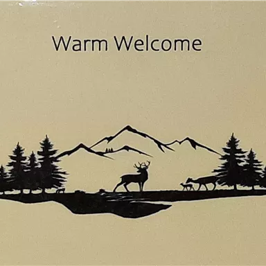 A stylized natural landscape with mountains, trees, and animals. Above it is the inscription "Warm Welcome".
