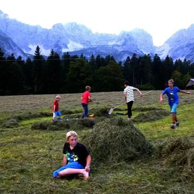 A group of children is working in a meadow and helping with haymaking. In the background, mountains and trees can be seen.
