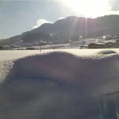A snowy landscape with gentle hills in the background. The sun is shining and reflecting on the snow.