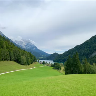 Eine grüne Wiese umgeben von Bergen und Wäldern. Im Hintergrund fließt ein ruhiger See.