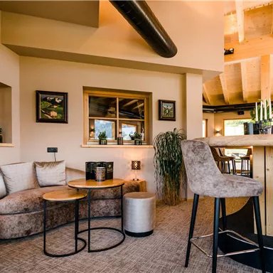 A cozy interior with modern furniture and large windows. The warm colors and plants create an inviting atmosphere.