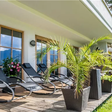 A cozy outdoor area with loungers and potted plants. In the background, there are windows and a green lawn.