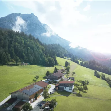 Eine idyllische Landschaft mit grünen Wiesen und sanften Hügeln. Im Vordergrund sind einige Gebäude und Bäume zu sehen, während im Hintergrund Berge mit Wolken aufragen.