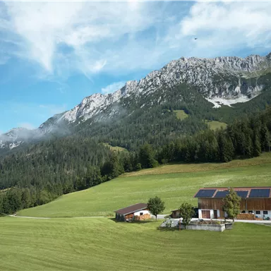 Eine idyllische Landschaft mit einem Bauernhaus und einer Wiese. Im Hintergrund erheben sich majestätische Berge unter einem klaren Himmel.