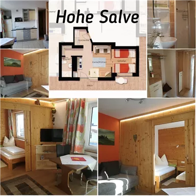 A modern apartment with wooden paneling and a bright, inviting atmosphere. The pictures show different rooms, including a living room, a kitchen, and a bedroom.