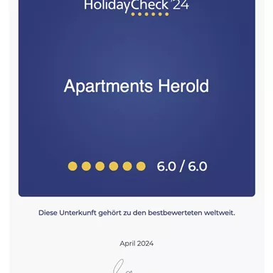 Certificate for Herold Apartments with a rating of 6.0/6.0 on HolidayCheck. The accommodation is among the highest-rated worldwide.