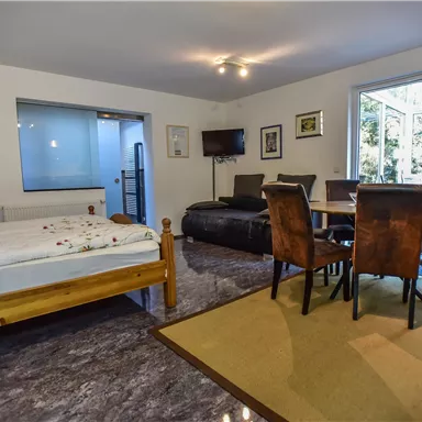 A cozy apartment with a bed, a sofa, and a dining area. Large windows allow plenty of daylight in and provide a view of the terrace.