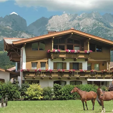 Ein charmantes Chalet mit Blumenkästen und einer wunderschönen Berglandschaft im Hintergrund. Im Vordergrund stehen zwei Pferde auf einer grünen Wiese.