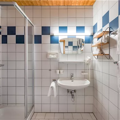 A modern bathroom with a shower corner and a white sink. The walls are decorated with white tiles and blue accents.
