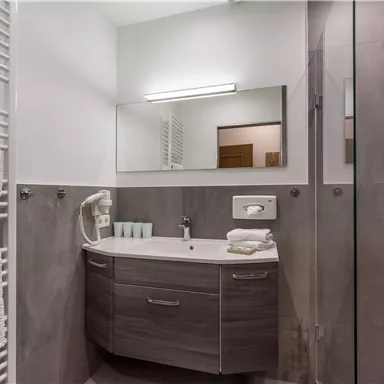 A modern bathroom with an elegant sink and a shower. The walls are in neutral tones, and towels are neatly arranged.