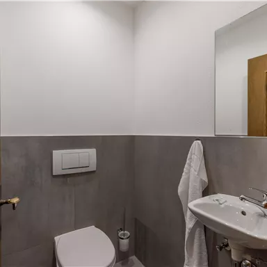 A modern bathroom with a toilet and a sink. The walls are in neutral tones, and there is a towel as well as a mirror.