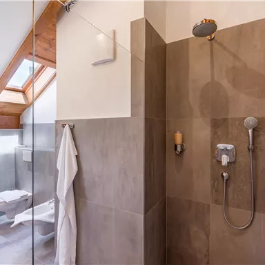 A modern bathroom with a shower and bright tiled floor. Skylights provide plenty of daylight.