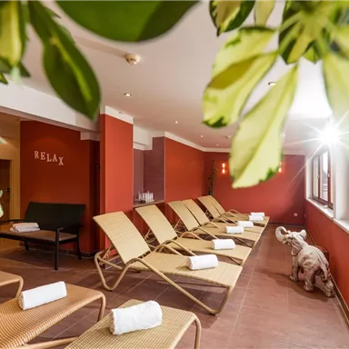 Ein entspannender Spa-Raum mit Liegen und einer warmen, einladenden Atmosphäre. Große Fenster lassen viel Licht herein und Pflanzen sorgen für eine ruhige Stimmung.