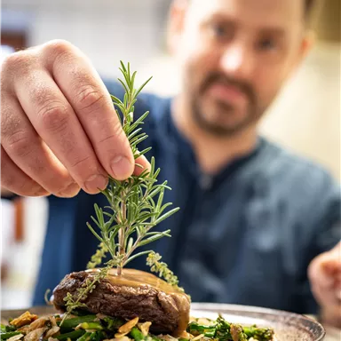 Ein Koch dekoriert ein Gericht mit frischem Rosmarin. Auf dem Teller sind Gemüse und Fleisch angerichtet.