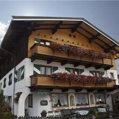 A charming, traditional house with wooden cladding and blooming balconies. The surroundings are green and picturesque, perfect for a holiday in the mountains.
