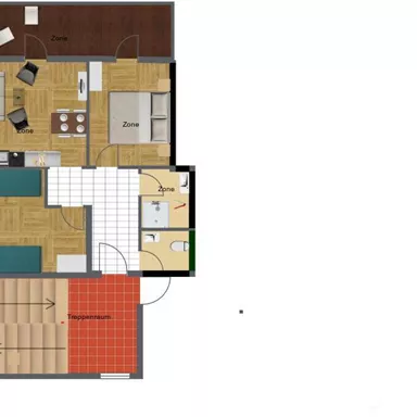 Eine Grundrisszeichnung einer Wohnung mit mehreren Zimmern. Der Plan zeigt Wohnzimmer, Schlafzimmer und eine Treppe im unteren Bereich.