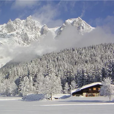 A snowy winter landscape with tall mountains and densely forested slopes. In the foreground stands a cozy wooden house.