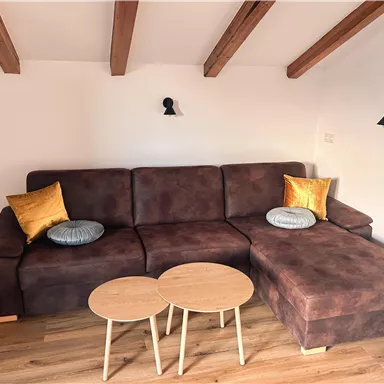 A cozy seating area with a brown sofa and decorative cushions. It also includes two small wooden tables, all in a bright, modern room.