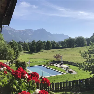 A beautiful view of a garden with a pool, surrounded by green meadows and trees. In the background, majestic mountains and a clear blue sky can be seen.