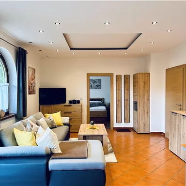 A modern living room with a comfortable sofa, wooden furniture, and a television. The windows provide plenty of daylight and a cozy atmosphere.
