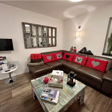 Ein modernes Wohnzimmer mit einem braunen Sofa und roten Kissen. Im Raum befindet sich ein Tisch mit Magazinen und einem Fernseher an der Wand.