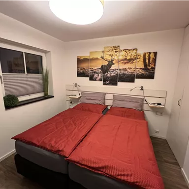 Ein gemütliches Schlafzimmer mit einem großen Bett und roten Bettdecken. An der Wand hängt ein dekoratives Bild und ein Fenster sorgt für Tageslicht.