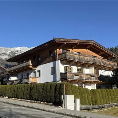 Ein traditionelles Holzhaus mit Balkonen und grünem Garten. Im Hintergrund sind schneebedeckte Berge und ein klarer blauer Himmel zu sehen.
