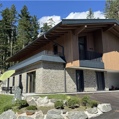 A modern house with a wooden and stone facade. It is located in a green environment with trees and a clear sky.