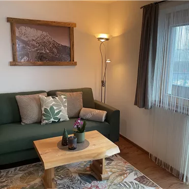 A cozy living area with a green sofa and a wooden table. A picture of mountains hangs on the wall, and the window lets in a lot of light.