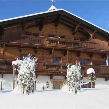 Ein traditionelles Holzhaus im Schnee. Der Himmel ist klar und blau, umgeben von verschneiten Bäumen.