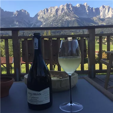 Ein Glas Wein steht auf einem Tisch mit Blick auf die majestätischen Berge im Hintergrund. Die Szene strahlt Ruhe und Genuss in der Natur aus.