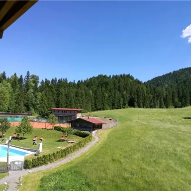 An idyllic landscape with green meadows and tall trees. In the foreground, a pool area and tennis courts are visible.