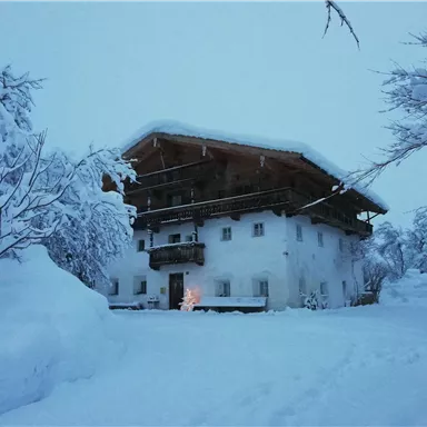 Ein idyllisches Holzhaus im Schnee, umgeben von schneebedeckten Bäumen. Der Himmel ist leicht bewölkt und verleiht der Szene eine ruhige Atmosphäre.