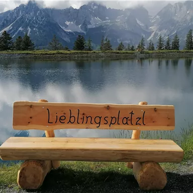 A wooden bench with the inscription "Favorite Place" stands by the shore of a calm lake. In the background, majestic mountains and a clear sky are visible.