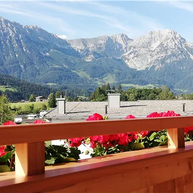 Eine malerische Berglandschaft mit hohen Gipfeln und grünem Tal. Im Vordergrund blühende Geranien und ein Holzbalustrade.