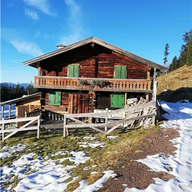 A traditional wooden cottage with green window shutters. Surrounded by meadows and snow under a clear blue sky.