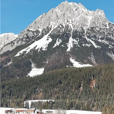 An impressive mountain landscape with a snow-covered peak and green forests in the foreground. Small buildings can be seen at the foot of the mountain.