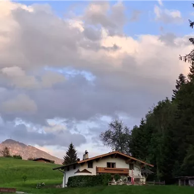 A picturesque house in nature, surrounded by trees and meadows. In the background, gentle mountains and a variably cloudy sky can be seen.