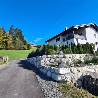 Ein modernes Haus auf einem Hügel mit einem angelegten Garten und grünem Rasen. Der Himmel ist klar und blau, umgeben von Bäumen.