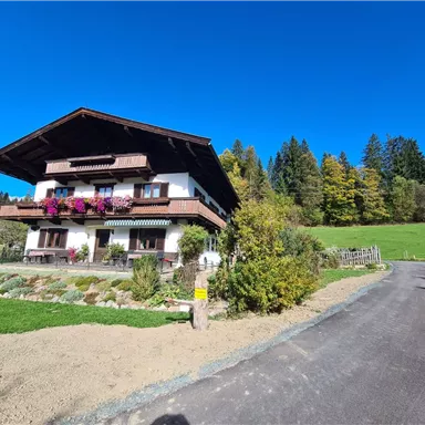 Ein gemütliches Haus umgeben von Bäumen und bunten Blumen. Der klare Himmel und die grüne Wiese verleihen der Umgebung eine angenehme Atmosphäre.