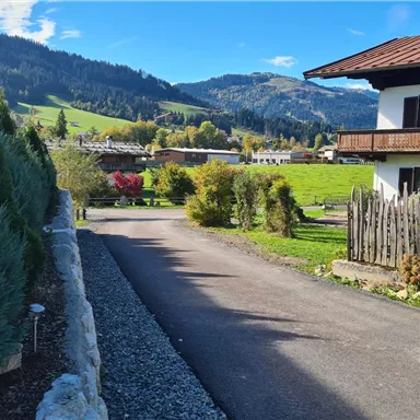 Eine ruhige Straße führt vorbei an einem Haus, umgeben von grünen Wiesen und Bergen im Hintergrund. Der Himmel ist blau und die Landschaft ist sehr malerisch.