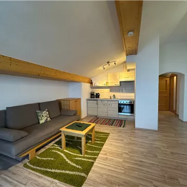 A modern living room with a gray sofa and a wooden table. The open kitchen is well-equipped and there is a beautiful wooden floor.
