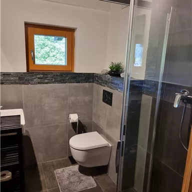 A modern bathroom with a shower and a toilet. The walls are in neutral colors, and a window provides natural light.