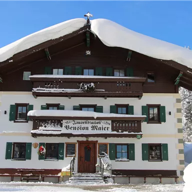 A charming alpine house with a large, snow-covered roof. It is located in a winter landscape and has green shutters.