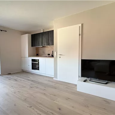 A modern apartment with an open kitchen and a simple living room.  
Large windows provide plenty of daylight.