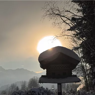 A picturesque sunrise behind snow-covered mountains. In the foreground, there is a traditional house with a snow-covered roof.