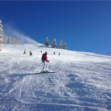 A snow-covered slope with skiers under a clear blue sky. The trees are covered in snow, and the landscape looks wintry and inviting.