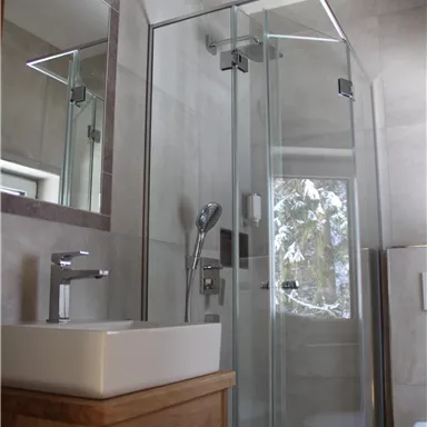 A modern bathroom with a glass shower and a ceramic sink. In the background, there is a window with a view of nature.
