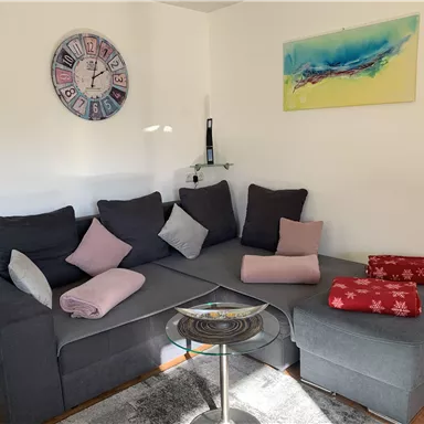 Ein gemütliches Wohnzimmer mit einem grauen Sofa und bunten Kissen. An der Wand hängt ein modernes Gemälde und eine Uhr.