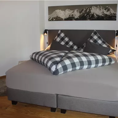 A cozy bedroom with a large bed and checkered pillows. A picture of a mountain landscape hangs on the wall.